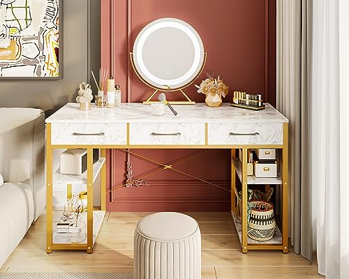 ODK Vanity Desk with Fabric Drawers & Storage Shelves, Makeup Dressing Table, Home Office Desks for Bedroom, Modern Writing Desk,White Marble and Gold Leg, 48"x16" (No Mirror) - WoodArtSupply