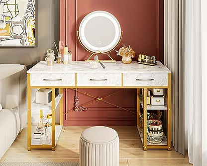 ODK Vanity Desk with Fabric Drawers & Storage Shelves, Makeup Dressing Table, Home Office Desks for Bedroom, Modern Writing Desk,White Marble and Gold Leg, 48"x16" (No Mirror) - WoodArtSupply