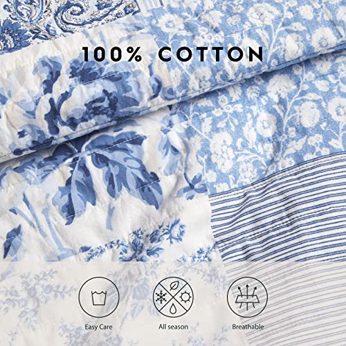Laura Ashley - Twin Quilt Set, Reversible Cotton Bedding with Matching Sham, Medium-Weight for Year Round Use, Dorm Essentials (Paisley Printed Patchwork Blue) Laura Ashley
