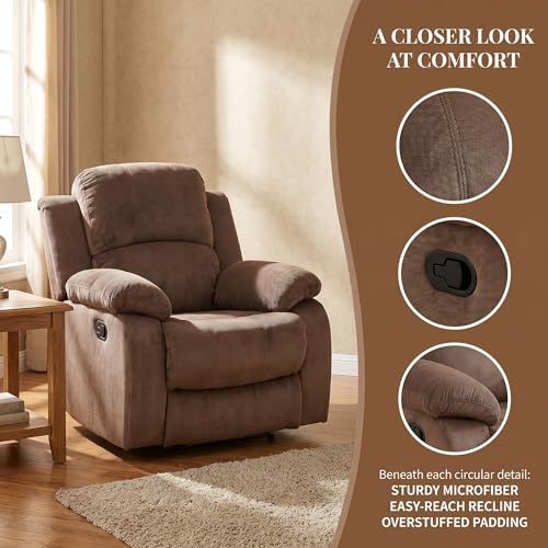 Trygoal Manual Recliner Chair, Nursery Rocking Chair, Velvet Recliner Chair for Adults, Lazy Boy, Gaming Recliner wih Overstuffed Arms, Suitable for Home Theater, Living Room, Bedroom, Brown