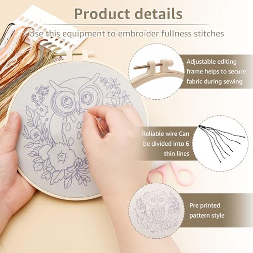 WHQLANG 4 Sets Owl Embroidery Kit, 8.1" Hoops, Embroidery Kit for Beginners to Advanced, Cross Stitch Kits,Inchlude Water Soluble Pattern, Needles,Threads, Template Tools
