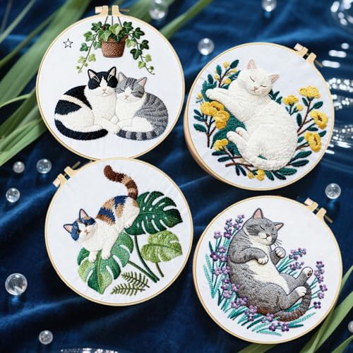 FREEBLOSS 6 Set Embroidery Kit Cat and Flower Stamped Embroidery Starter Kit with Step by Step Instructions, Colored Threads, 2 Hoops, Needlepoint Kits for Hand Craft Lovers Gift, 30cm/11.8inch