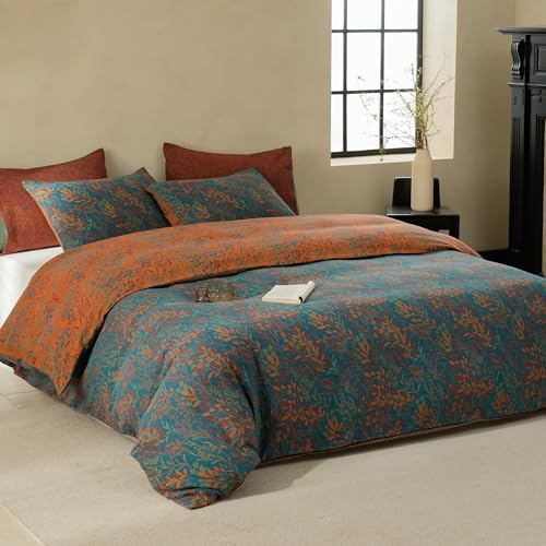 BISELINA 100% Cotton Muslin Duvet Cover Set Queen, 3 Pcs Yarn-Dyed Jacquard Textured Reversible Floral Design, Soft and Breathable Bedding Set with Zipper Closure, Blue Orange BISELINA