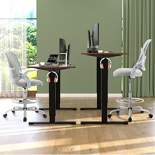 Smug Drafting Chair with Flip-up Arms, Height Adjustable Standing Tall Office Desk Chair with Foot Ring, Ergonomic Swivel Computer Chairs with Rolling Wheels, Grey SMUGDESK