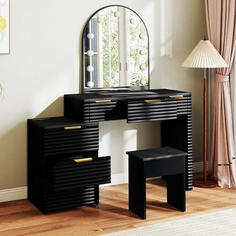 ACAGALA Modern Vanity Desk Chair Set with Mirror Light Fashionable Makeup Table with Glass Top Multi Drawers for Home Bedroom Salon Example: Adidas Blue Sneakers (Black) ACAGALA