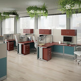 Bush Business Furniture Office in an Hour 3 Person L Shaped Cubicle Desks with Storage, Drawers, and Organizers in Hansen Cherry | Triple Workstation Set with Privacy Panels for Commercial Workspace Bush Business Furniture