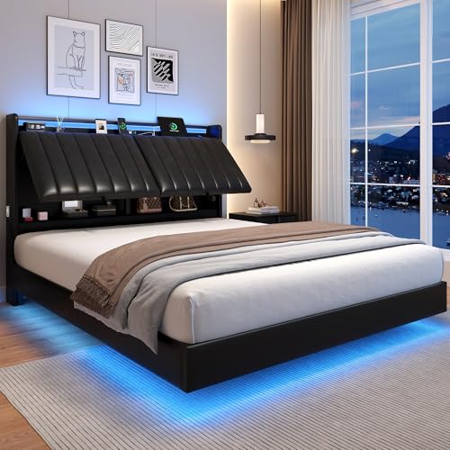 Jocoevol Queen Size Floating Bed Frame with Ergonomic Hidden Storage Headboard and LED Lights, Visual Floating LED Bed Frame with Charing Station, Leather Upholstered Platform Bed, Heavy Duty, Black Jocoevol