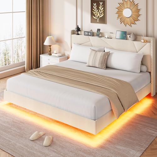 Garvee King Size Floating Bed Frame with RGB LED Lights and Charging Station, Upholstered Platform Bed with Storage Headboard and Button Tufted Design, No Box Spring Needed, Beige Garvee