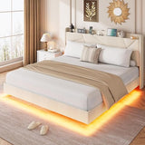 Garvee King Size Floating Bed Frame with RGB LED Lights and Charging Station, Upholstered Platform Bed with Storage Headboard and Button Tufted Design, No Box Spring Needed, Beige Garvee
