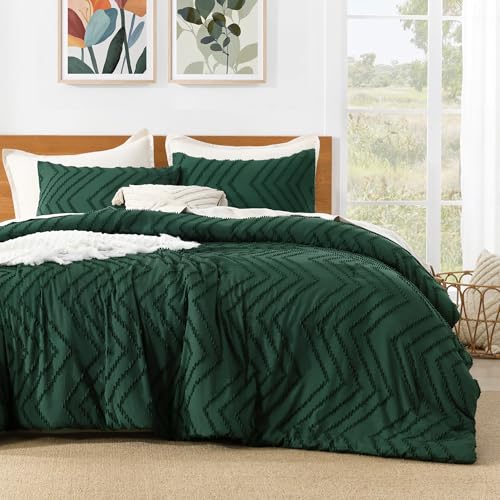 Litanika Queen Comforter Set Dark Emerald Green, 3 Pieces Lightweight Chevron Tufted Bedding Comforter Set, Fluffy Winter Down Alternative Comforter Bed Set Gift Choice