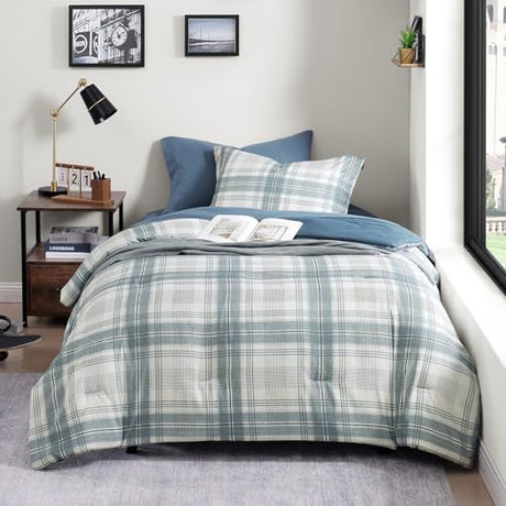 AMBERSPACE Twin XL Comforter Set, Blue Grey Plaid Bedding Set 5 Piece for Boys Girls Teen, Classic Homestead-Style Kids Comforter Set Bed in A Bag with Sheets, Pillowcase & Sham AMBERSPACE