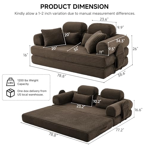 KSTNLUXQ 79" Sofa Bed, Deep Seat 32" Sleeper Sofa, 5-in-1 Convertible Sofa Bed, Boneless Couch in a Box, Corduroy Floor Futon with Thickened backrest and Headrest Pillows, Side Pockets, Brown KSTNLUXQ