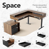 HUANUO Electric L Shaped Standing Desk with 6 Storage Drawers & File Cabinet, 2-Tier Corner Sit Stand Desk with Cable Management Tray, 65.5" × 57.6" Height Adjustable Computer Gaming Table, Walnut HUANUO