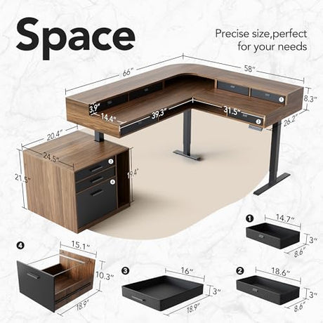 HUANUO Electric L Shaped Standing Desk with 6 Storage Drawers & File Cabinet, 2-Tier Corner Sit Stand Desk with Cable Management Tray, 65.5" × 57.6" Height Adjustable Computer Gaming Table, Walnut HUANUO