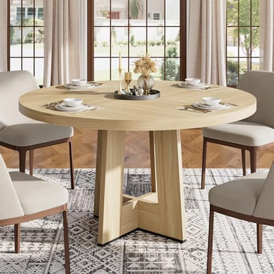 Garvee 47" Round Dining Table for 4-6 People - Circle Kitchen Dinner Table with Sturdy Pedestal Base, Space Saving Dinning Room Furniture for Living Room, Kitchen, Apartment, Natural