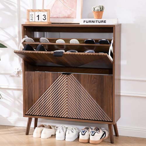 oakvivo Shoe Cabinet Storage, Farmhouse Freestanding Organizer with 2 Flip Drawers and 4 Wooden feet, Narrow Shoe Rack Cabinet for Entryway, Foyer, Hallway, Walnut oakvivo