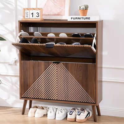 oakvivo Shoe Cabinet Storage, Farmhouse Freestanding Organizer with 2 Flip Drawers and 4 Wooden feet, Narrow Shoe Rack Cabinet for Entryway, Foyer, Hallway, Walnut