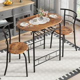 VECELO 3-Piece Dining Table Set for Kitchen Breakfast Nook, Wood Grain Oval Tabletop and Metal Frame with Built-in Wine Rack, for Small Spaces, Antique Brown & Black VECELO
