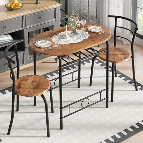 VECELO 3-Piece Dining Table Set for Kitchen Breakfast Nook, Wood Grain Oval Tabletop and Metal Frame with Built-in Wine Rack, for Small Spaces, Antique Brown & Black VECELO