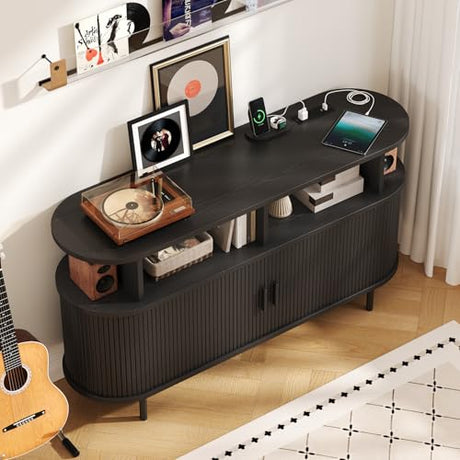 55" Large Round Record Player Stand with Charging Station, Vinyl Record Storage Cabinet, Mid Century Modern Turntable Stand with Open Shelves Holder for Bedroom Living Room, Sliding Doors (Black) ONBRILL