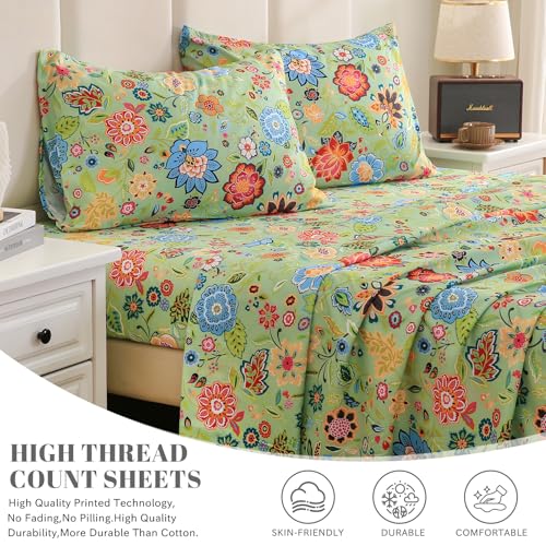 Bedlifes Full Sheet Set Ultra Soft, Breathable, Silky Flower Deep Pocket 100% Microfiber Bedding, 4 Piece Full Size with Floral Sage Green Bedlifes