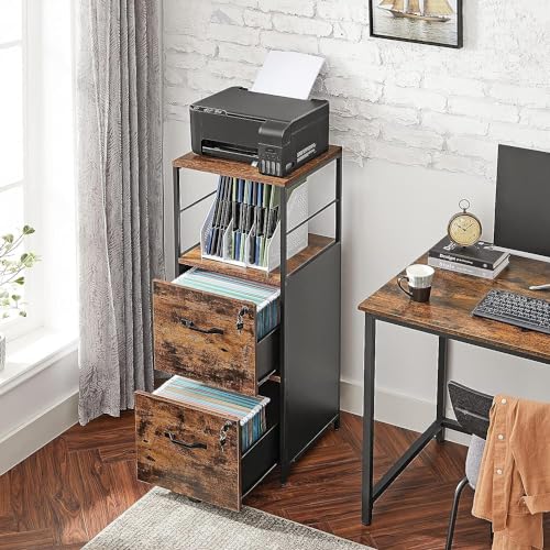 VASAGLE Cabinet for Home Office, with Lock and 2 Drawers, A4 and Letter Sized Files, Printer Stand, ‎15.8 x 16.1 x 42.5 Inches, Rustic Brown + Black VASAGLE