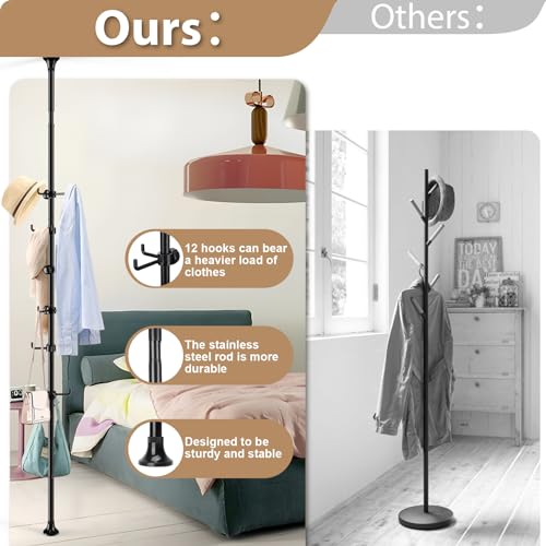 Sempicad Coat Rack Freestanding, 56 to 125 inch Adjustable Tension Rod Coat Hanger with 12 Hooks for Hanging Coat, Jacket, Hat, Scarf, Suitable for Living Room, Balcony, Kitchen Black… Sempicad