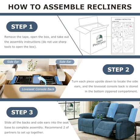Prettyeo Reclining Sofa Set for Living Room, 2 Pieces Fabric Recliner Sofa Loveseat Set with Cup Holders & Storage Console, Manual Reclining Furniture for Home Theater, Office, Club | Blue, Microfiber Prettyeo