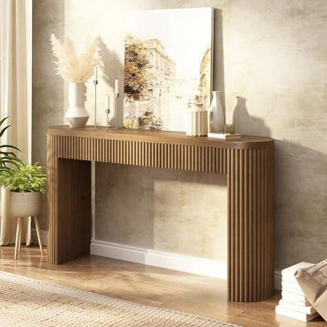 Solid Wood Console Table with Drawer - 55 Inches Mid Century Modern Fluted Foyer Table, Entryway Hallway Minimalist Sofa Table, Oval with Drawer HOKYHOKY