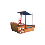 Wood Sandbox with Canopy, 63'' x 30.7'' Pirate Ship Sandbox with Cover and Rudder, Sand Box for Kids Ages 4-8, Kids Sandbox with Storage Bench and Seat, Kids Outdoor Playhouse for Backyard, Garden Angel Sar