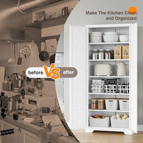 Yizosh Metal Storage Cabinet with 2 Doors and 5 Adjustable Shelves - 71" White Kitchen Pantry Storage Cabinet, 5-Tier Tall Steel Cabinet Locker for Kitchen,Dining Room,Living Room Yizosh