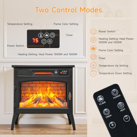 24″ Freestanding Electric Fireplace Stove with 3D Flame Effect and 6 Flame Color, 1000/1500W Infrared Fireplace Stove, 5200 BTU Electric Fireplace Heater with Remote and Timer for Indoor, Black ONBRILL