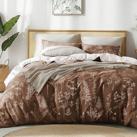 Love's cabin Chocolate Full Comforter Set - Full Size Comforter Set, 3 Pieces Cute Floral Bedding Sets for All Seasons,1 Soft Reversible Botanical Flowers Comforter and 2 Pillow Shams Love's cabin