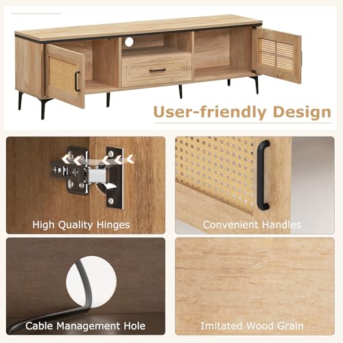 Tangkula Boho TV Stand for 65 Inch TVs, Mid Century Modern Media Entertainment Center with Drawer, 2 Cabinets with Rattan Doors, Metal Legs, Cable Hole, TV Console Table for Living Room (Oak) Tangkula
