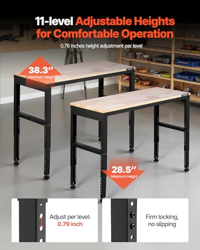 VEVOR Adjustable Workbench, 2000 lbs Capacity, 48 x 20-inch Heavy Duty Work Bench with 28.5-38.3 Inches Height Adjustment, Garage Workbench with Power Outlets, Suitable for Office, Garage, Workshop VEVOR