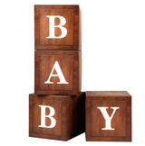 Wood Baby Shower Boxes Party Decorations - 4 Wood Grain Brown Blocks with Printed BABY Letters, Gender Reveal Backdrop,Teddy Bear Baby Shower Supplies, First Birthday Centerpiece Decor WLMALL