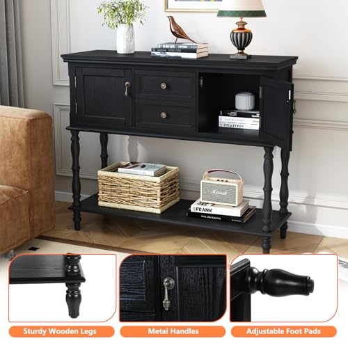ARTPOWER Console Table with 2 Drawers, Retro Entryway Table with 2 Door Cabinets and Open Storage Shelf, Narrow Long Behind Couch Sofa Table for Living Room, Foyer, Hallway, Black ARTPOWER