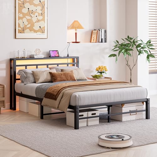 Maliacife Full Size Bed Frame with Headboard,LED Light and Charging Station with Wood Shelves,Metal Platform Bed with Heavy Duty Slats Support,No Box Spring Needed,Easy Assembly,Noise Free,Black Maliacife