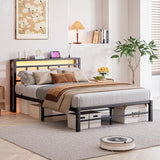Maliacife Full Size Bed Frame with Headboard,LED Light and Charging Station with Wood Shelves,Metal Platform Bed with Heavy Duty Slats Support,No Box Spring Needed,Easy Assembly,Noise Free,Black Maliacife