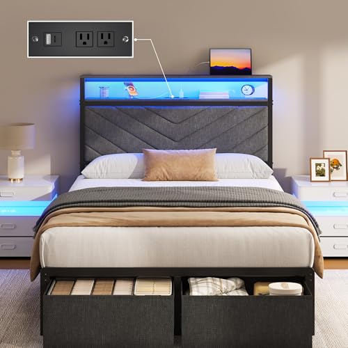 Fluest Twin Bed Frame with Storage Drawers, Upholstered Headboard with Charging Station, LED Lights, Fabric Drawers with Wheels, Under Bed Storage, No Box Spring Needed, Easy Assembly, Grey Fluest