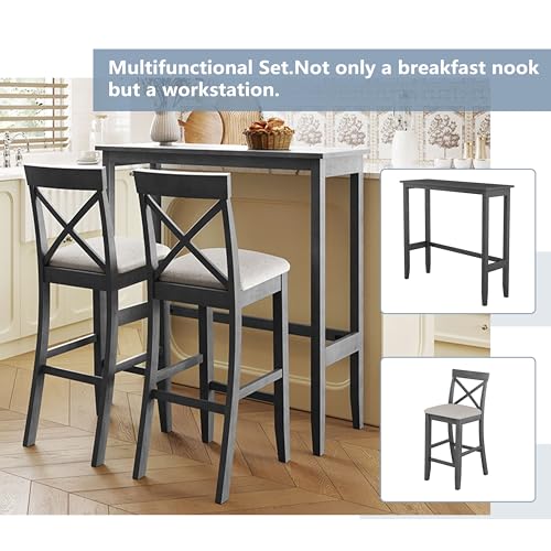 LUMISOL 3 Piece Pub Table and Chair Set, Small Wood Counter Height Table Set, 3 Piece High Top Dining Table Set for Breakfast Nook, Gray LUMISOL