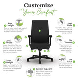 HON Ignition 2.0 Mid Back Task Chair, Advanced Synchro-Tilt Control, Office Chair with Lumbar Support, Height and Width Adjustable Arms, Black Frame, Black HON
