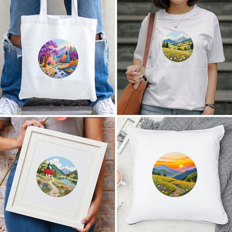 BEUNITONE 4 Pack Beginner Embroidery Kit for Adults, Fairy Tale Nature Landscape Pre-Stamped Pattern Needlepoint Kits with Hoop, Tools & Instruction, Hand Embroidery Kits for Fabric and Home Decor BEUNITONE