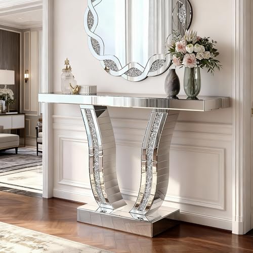 43" Mirrored Console Tables, Modern Silver Entryway Sofa Table with Curved Stone-Inlaid Legs for Living Room, Modern Luxury Accent Table, Hallway Foyer Table, Silver JIJIWANG