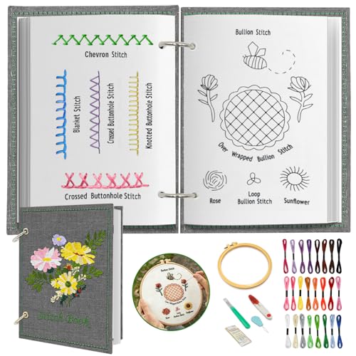 Kenburg Beginners Embroidery Stitch Book, DIY Needlepoint Kits Comes with a Complete Tool Kit, Instructional Tutorial and 6x8 Inch Removable Practice Patterns, Gifts for Craft Lovers, Mom, Women