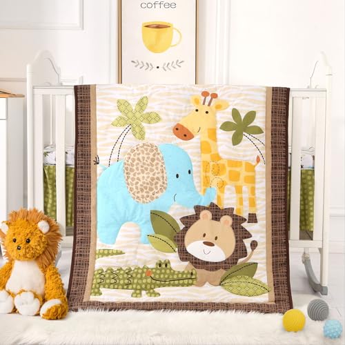 Wowelife Safari Crib Bedding Set, Mini Crib Bedding Set Boy 3-Piece Mini Crib Comforter Set, Nursery Bedding Sets for Boys Include Crib Comforter, Skirt and Sheet, Brown Wowelife