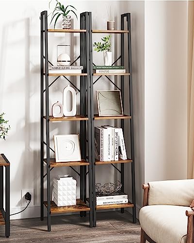 Hzuaneri 5-Tier Industrial Ladder Shelf in Rustic Brown with Hooks for Versatile Home Storage - WoodArtSupply