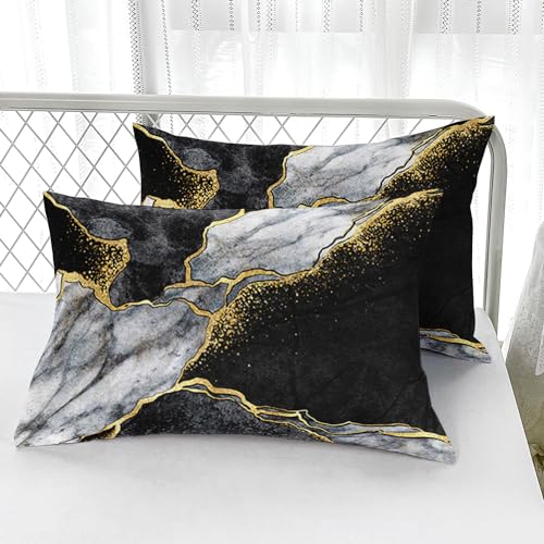 Nttopship Marble Comforter Set Full Size Black Gold Gray Marble Bedding Set Soft Microfiber Minimalist Wind Marble Comforter Sets 3 Pieces with 2 Pillowcases Nttopship