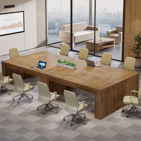 Tribesigns 12 ft Conference Table for 10-14 People, 142-Inch Rectangular Executive Meeting Table for Office, Farmhouse Sturdy Business Desk for Office Conference Room, (2, Brown) Tribesigns
