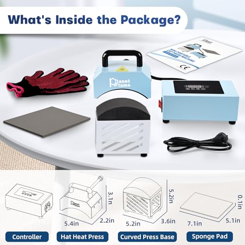 PlanetFlame Hat Press, Mini Hat Press Heat Machine for Caps Hats with 5.4" * 3.1" Curved Teflon Coated Heat Plate & Safety Base for Heat Transfer Vinyl, Sublimation and DIY Projects, Blue PlanetFlame